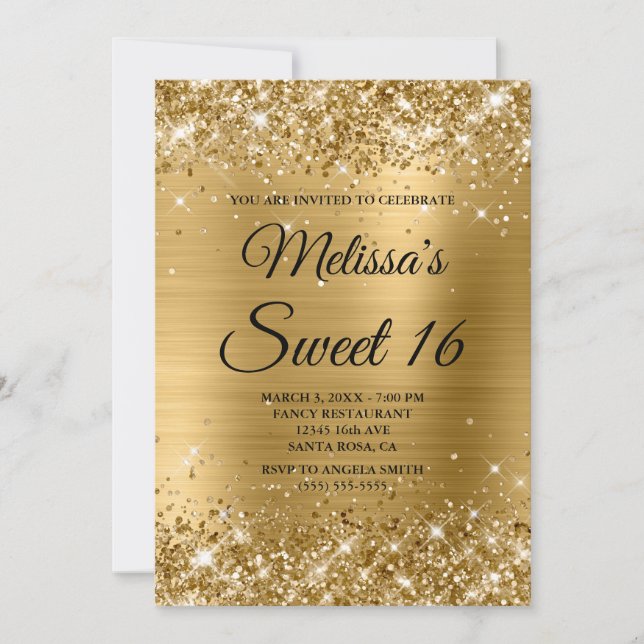 Gold Glitter and Foil Sweet 16 Fancy Monogram Invitation (Front)