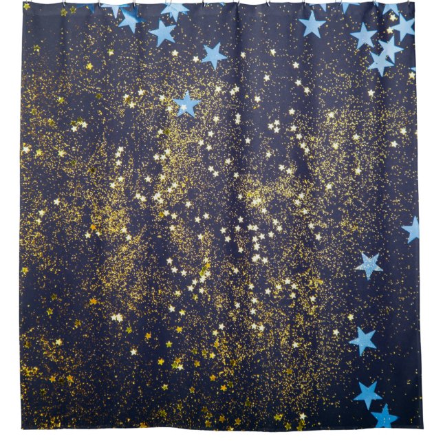 Gold glitter and glittering blue stars on black ba (Front)