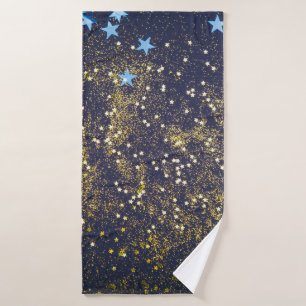 Gold glitter and glittering blue stars on black ba bath towel