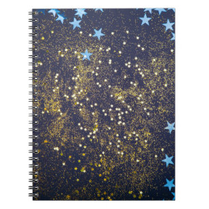 Gold glitter and glittering blue stars on black ba notebook