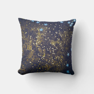 Gold glitter and glittering blue stars on black ba throw pillow