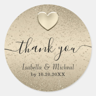  Gold Glitter and Gold Heart - Thank You  Classic Round Sticker
