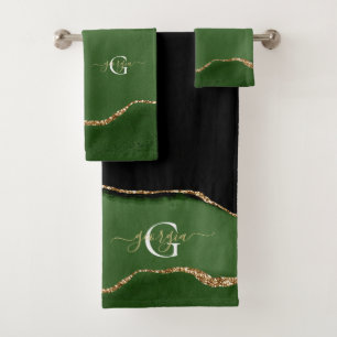 Gold Glitter and Green Agate Monogram Bath Towel Set