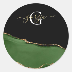 Gold Glitter and Green Agate Monogram Classic Round Sticker