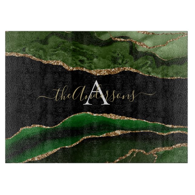 Gold Glitter and Green Agate Monogram Cutting Board (Front)