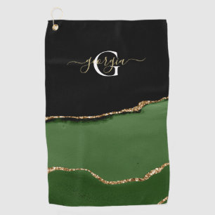 Gold Glitter and Green Agate Monogram Golf Towel