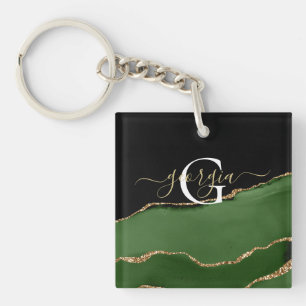 Gold Glitter and Green Agate Monogram Keychain