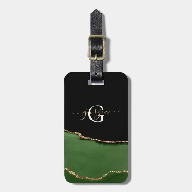 Gold Glitter and Green Agate Monogram Luggage Tag (Front Vertical)