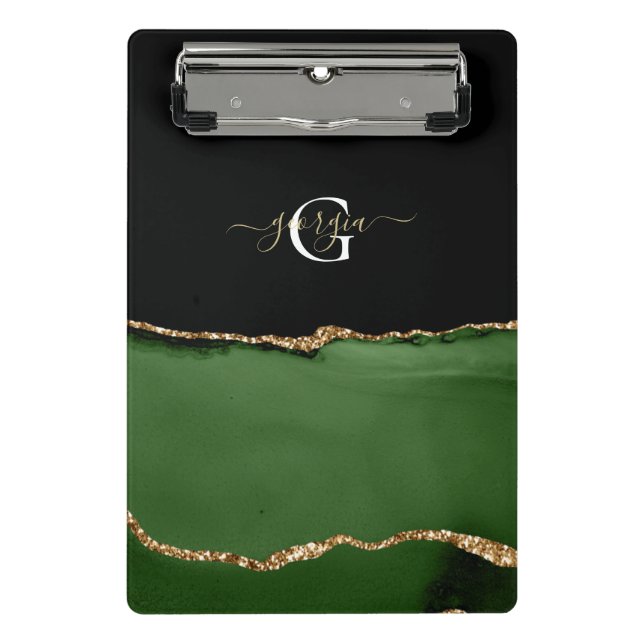 Gold Glitter and Green Agate Monogram Mini Clipboard (Front)
