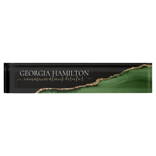 Gold Glitter and Green Agate Monogram Nameplate (Front)
