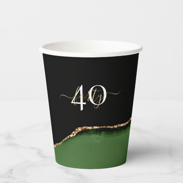 Gold Glitter and Green Agate Monogram Paper Cups (Front)