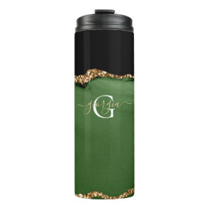 Gold Glitter and Green Agate Monogram Thermal Tumbler