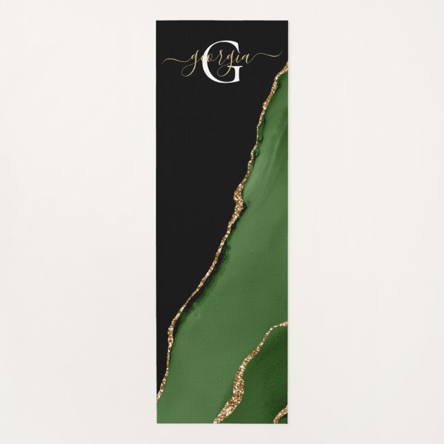 Gold Glitter and Green Agate Monogram Yoga Mat (Front)