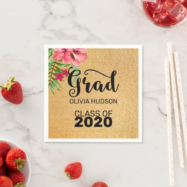 Gold Glitter And Hibiscus Napkin (Insitu)