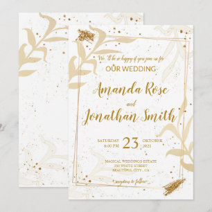 Gold glitter and leaves on white with white back invitation
