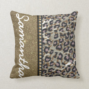 Gold Glitter and Leopard Monogram Throw Pillow
