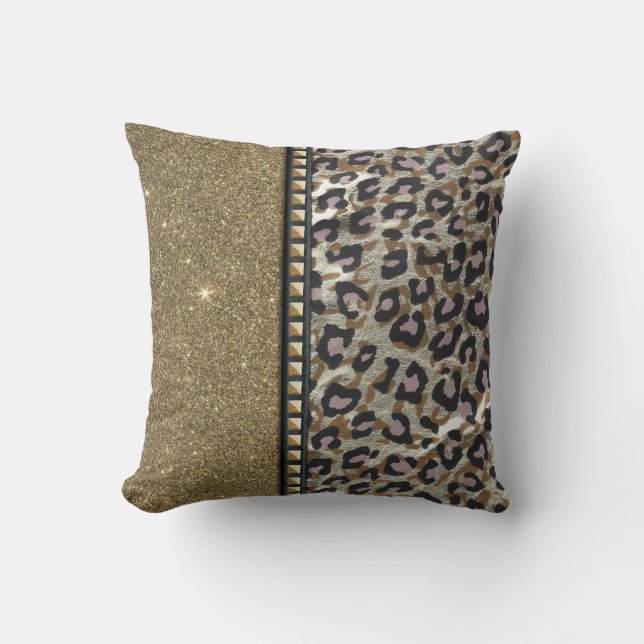 Gold Glitter and Leopard Print with Gold Studs Throw Pillow (Front)