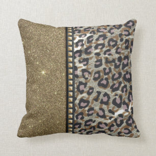 Gold Glitter and Leopard Print with Gold Studs Throw Pillow