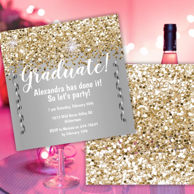 Gold Glitter and Metallic Silver Graduation Invitation (Creator Uploaded)