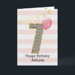 Gold Glitter and Pink 7th Birthday Card<br><div class="desc">Gold and pink 7th birthday card for girls, which you can personalize with her name. The front of this beautiful 6th birthday card for her features the number seven in a black and white stripe with an outline of glitter with a pink balloon ready to float way. Please note the...</div>