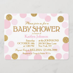 Gold Glitter and Pink Scattered Dots Baby Shower Invitation
