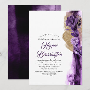 Gold Glitter and Plum Purple Birthday Party Invitation