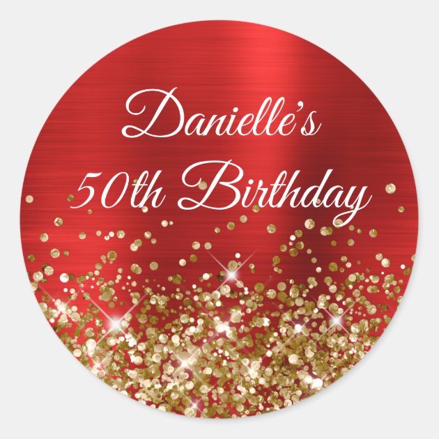 Gold Glitter And Red Foil 50th Birthday Classic Round Sticker | Zazzle