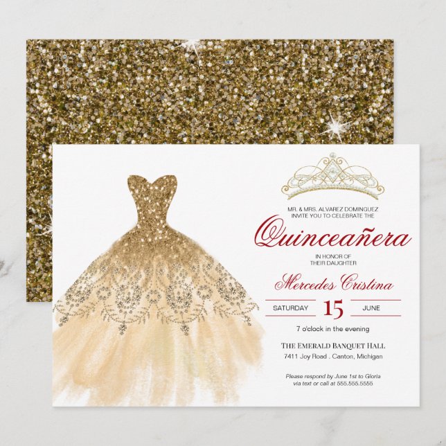Gold Glitter and Red Simple Elegant Quinceañera Invitation (Front/Back)