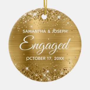 Gold Glitter and Shiny Foil Engaged Ceramic Ornament