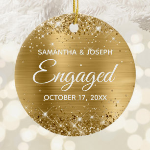 Gold Glitter and Shiny Foil Engaged Ceramic Ornament