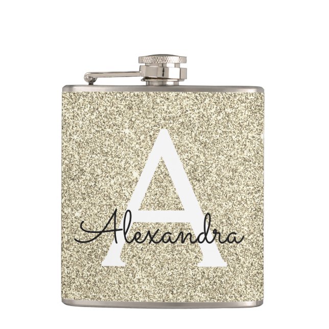 Gold Glitter and Sparkle Monogram Initial Hip Flask (Front)