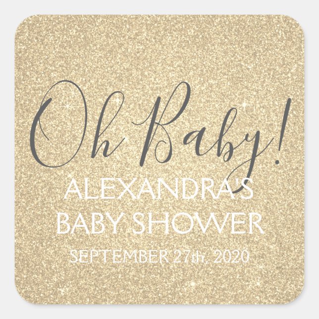 Gold Glitter and Sparkle Oh Baby! Shower Square Sticker (Front)