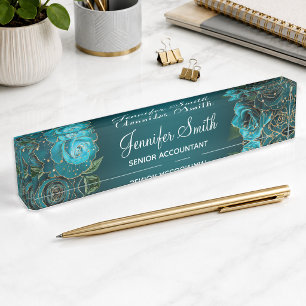 Gold Glitter and Teal Glam Roses Nameplate