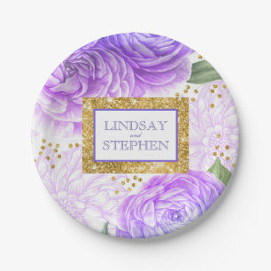 Gold Glitter and Vintage Blue and Purple Floral Paper Plate