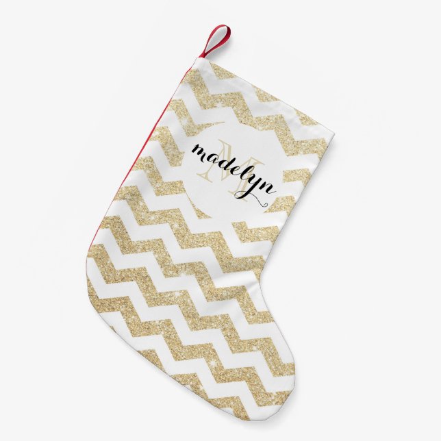 Gold Glitter and White Chevron Monogram Stocking (Front (Hanging))