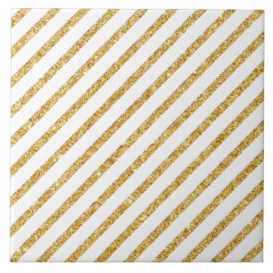 Gold Glitter and White Diagonal Stripes Pattern Tile