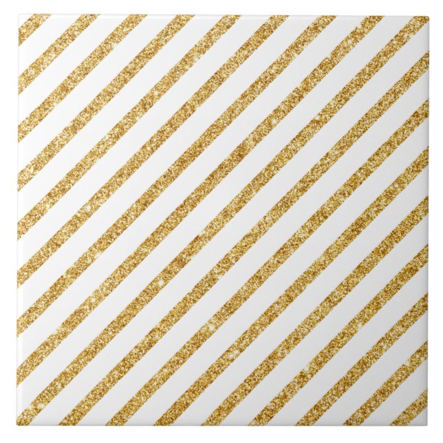 Gold Glitter and White Diagonal Stripes Pattern Tile (Front)