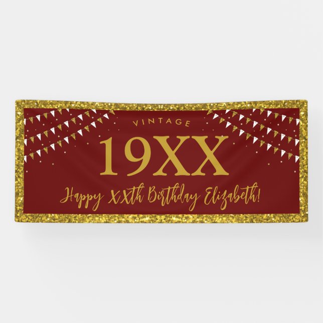 Gold Glitter Any Age Birthday Vintage Banner (Horizontal)