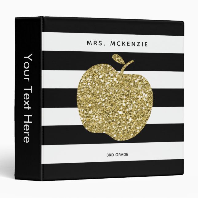 Gold Glitter Apple Black Stripes | Teacher Binder (Front/Spine)