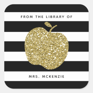 Gold Glitter Apple Teacher Bookplate Stickers