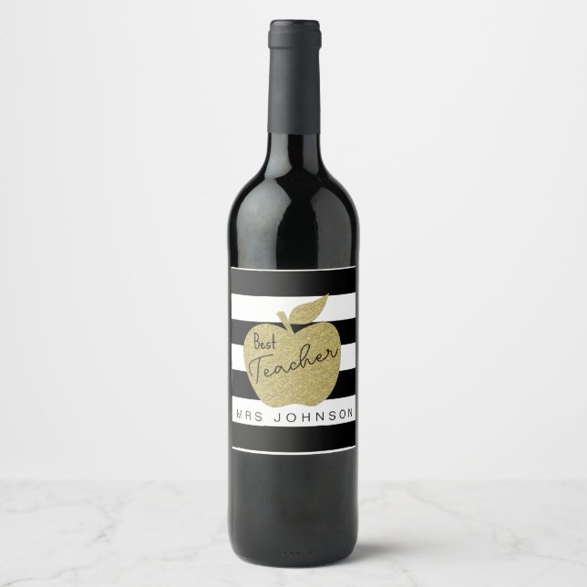 Gold glitter apple thank you teacher christmas wine label (Front)