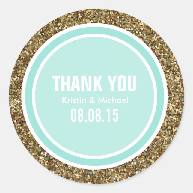 Gold Glitter & Aqua Blue Thank You Label (Front)