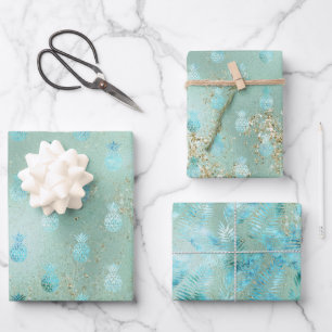 Gold Glitter Aqua Glam Tropical Pineapples   Wrapping Paper Sheet