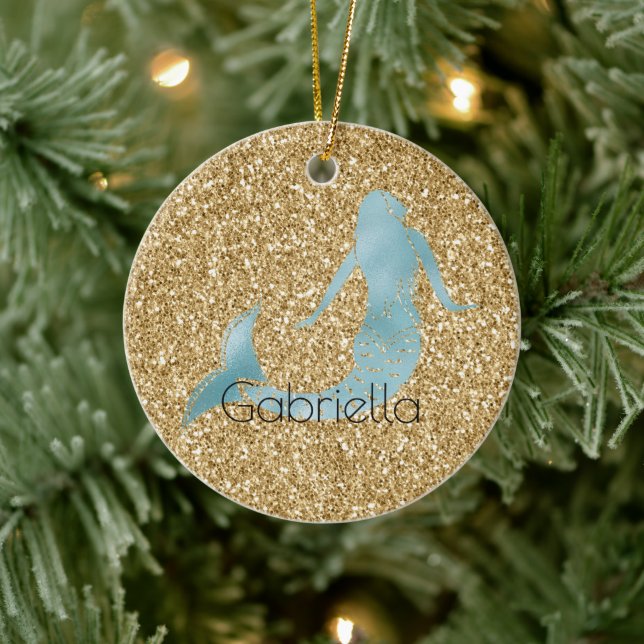 Gold Glitter Aqua Mermaid Personalized Ceramic Ornament (Tree)