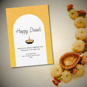Gold Glitter Arch Diya Lamp Happy Diwali Holiday Card