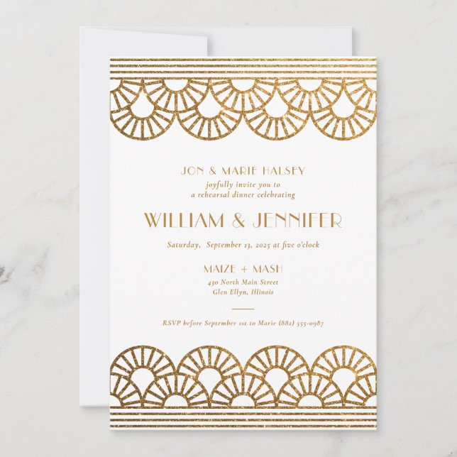 Gold Glitter Art Deco Fan Rehearsal Dinner Invitation (Front)