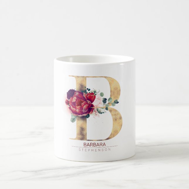 Gold Glitter B Monogram Floral Burgundy Red Coffee Mug (Center)