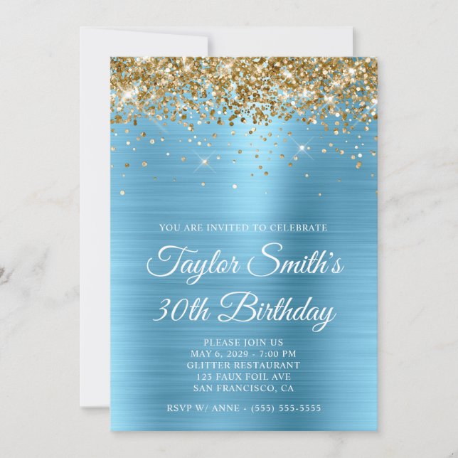 Gold Glitter Baby Blue Glam 30th Birthday Invitation (Front)