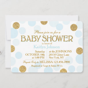 Gold Glitter Baby Blue Scattered Dots Baby Shower Invitation