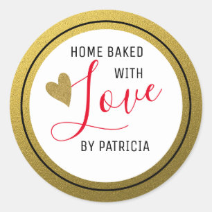 Gold Glitter Baked With love Red And White Classic Round Sticker